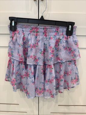 LoveShackFancy Lavender Floral Ruffle Tiered Mini Skirt